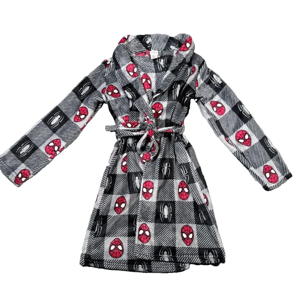 Marvel Spider-Man Boys Fleece Robe Black Red Checkered Plush Bathrobe Sz L